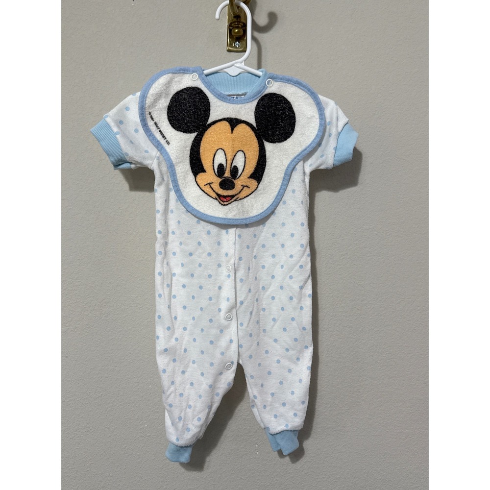 VTG 1984 Mickey Mouse Blue/White Romper Removable Bib Playskool Medium/3-6M
